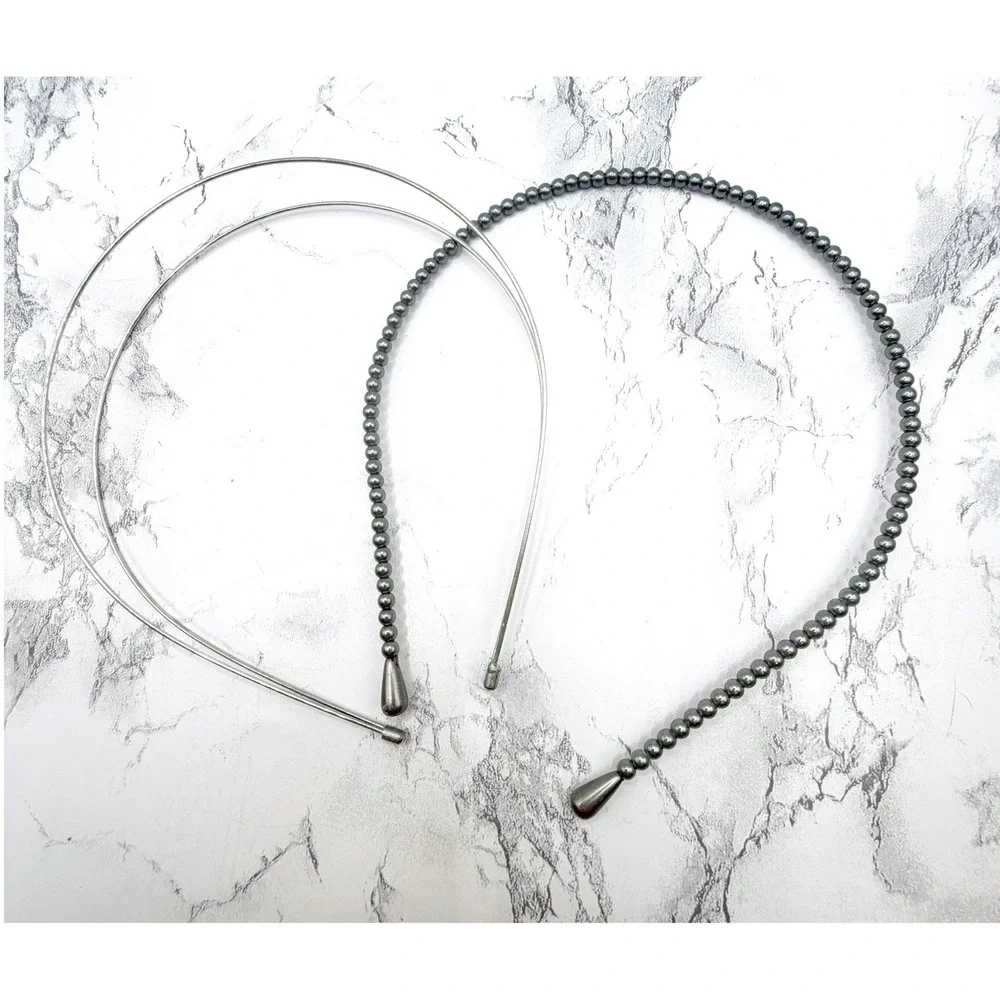 Lot of 2 Silver Tone Metal Headbands Plain and Beaded Hair‎ Accessories
